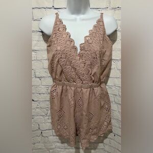 Listicle Eyelet Romper With Adjustable Straps And Pockets Size Medium